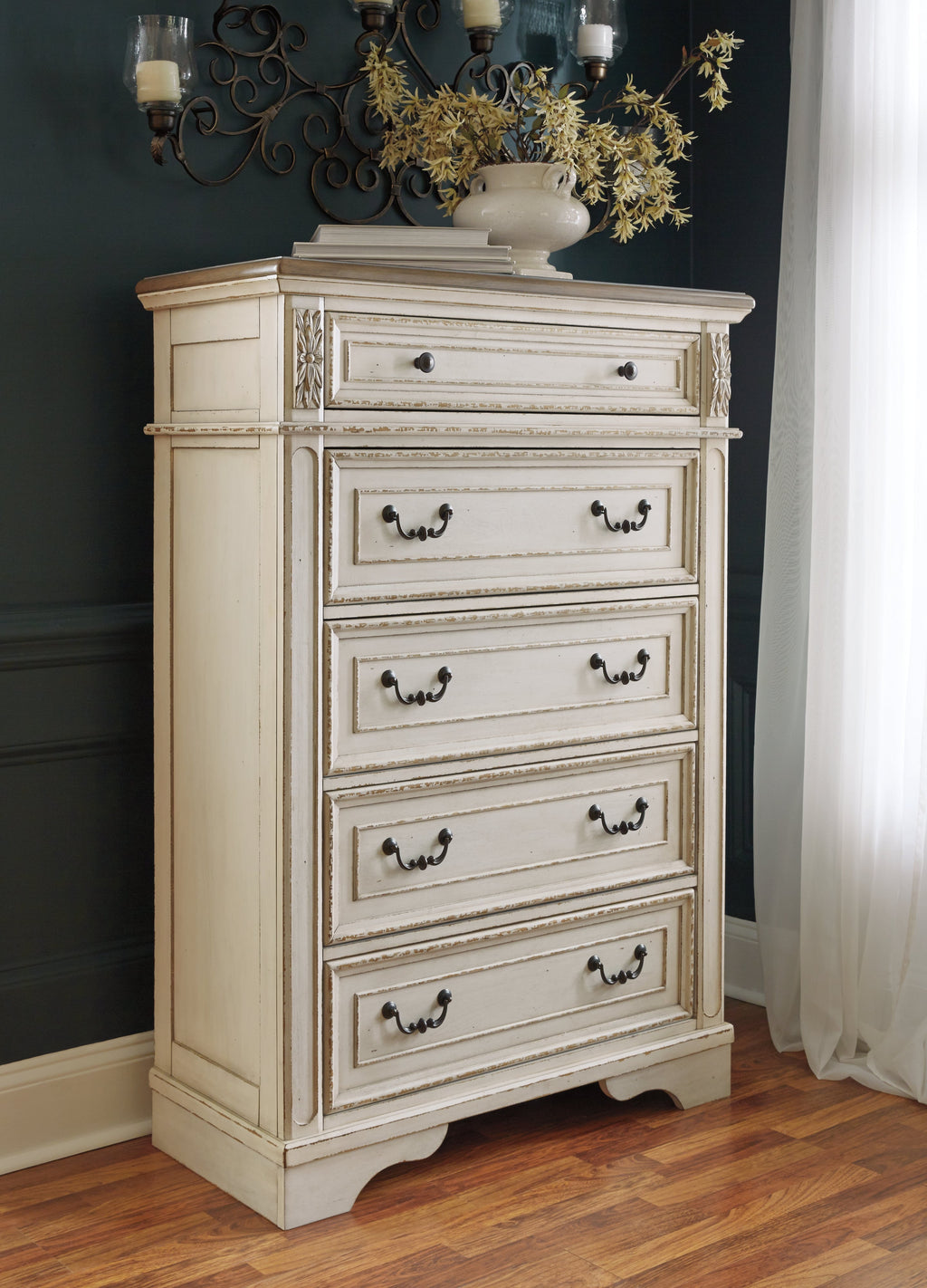 Realyn Chipped Queen Upholstered Storage Bed, Dresser, Chest and Nightstand, White