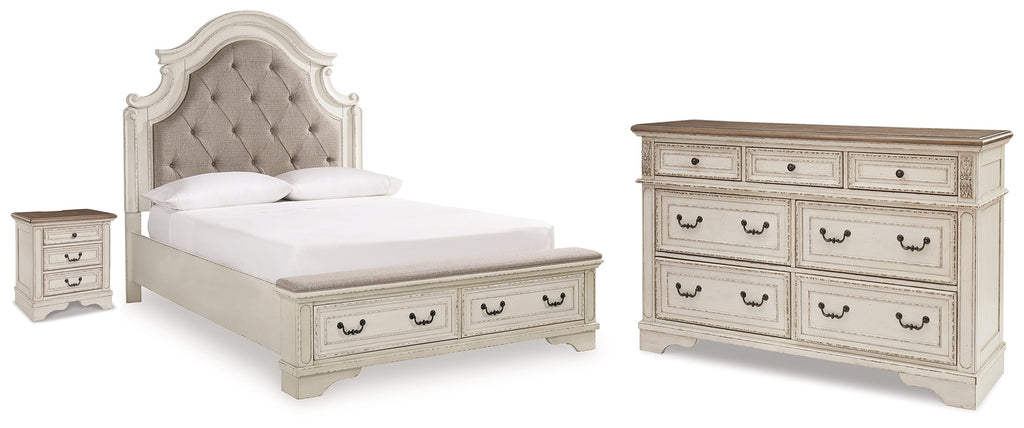 Realyn Chipped Queen Upholstered Storage Bed, Dresser and Nightstand, White