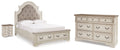 Realyn Chipped Queen Upholstered Storage Bed, Dresser and Nightstand, White