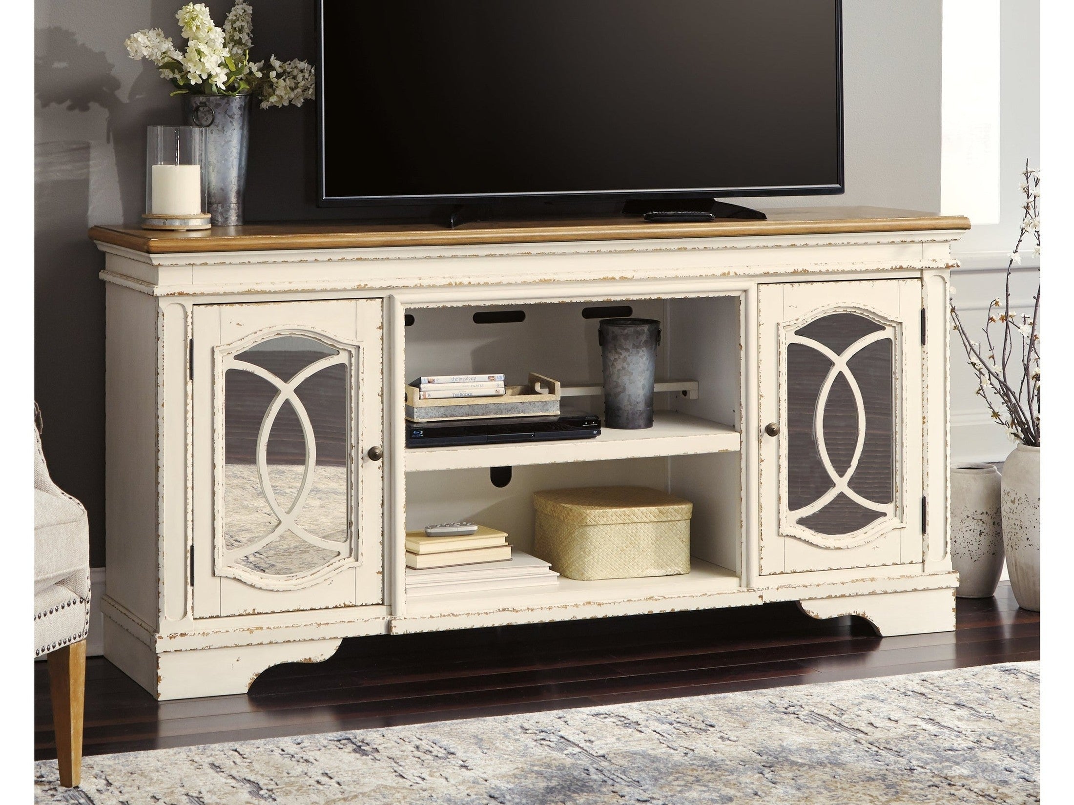 Realyn Chipped White XL 74" TV Stand w/Fireplace Option