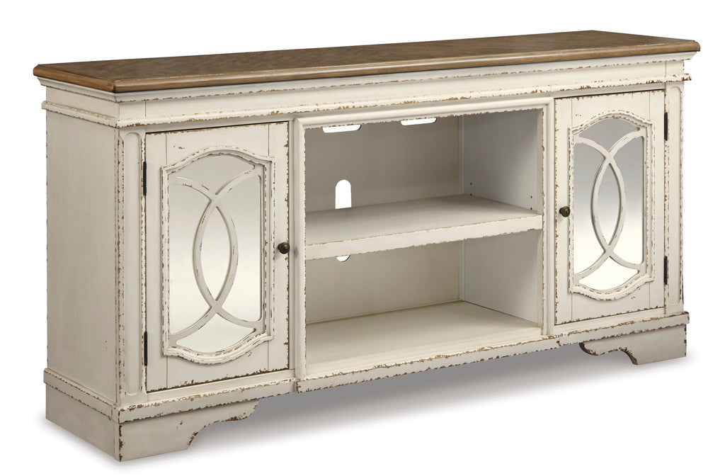 Realyn Chipped White XL 74" TV Stand w/Fireplace Option