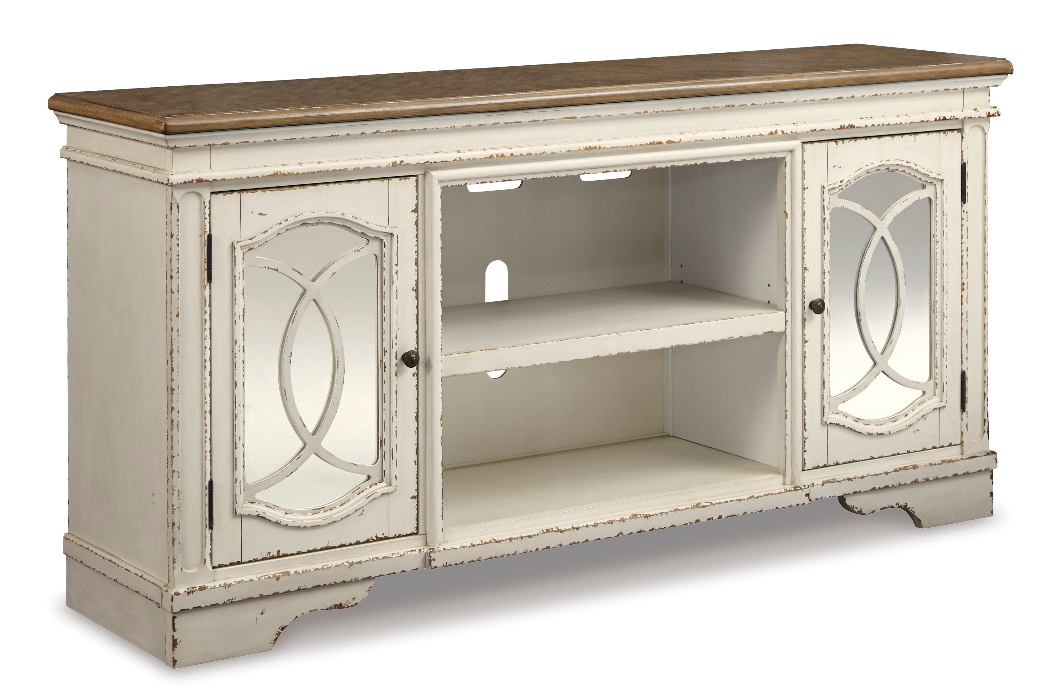 Realyn Chipped White XL 74" TV Stand w/Fireplace Option