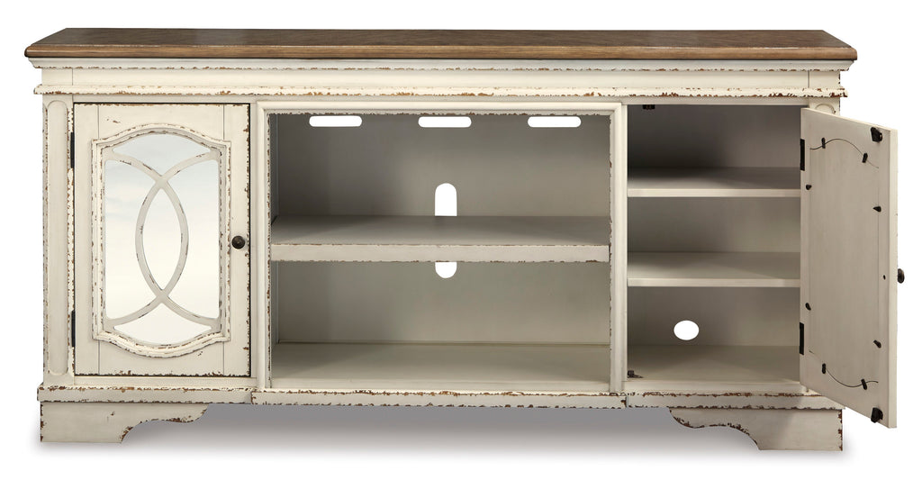 Realyn Chipped White XL 74" TV Stand w/Fireplace Option