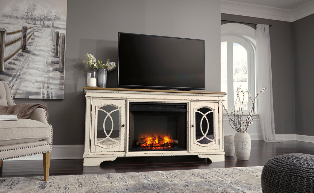 Realyn Chipped White XL 74" TV Stand w/Fireplace Option