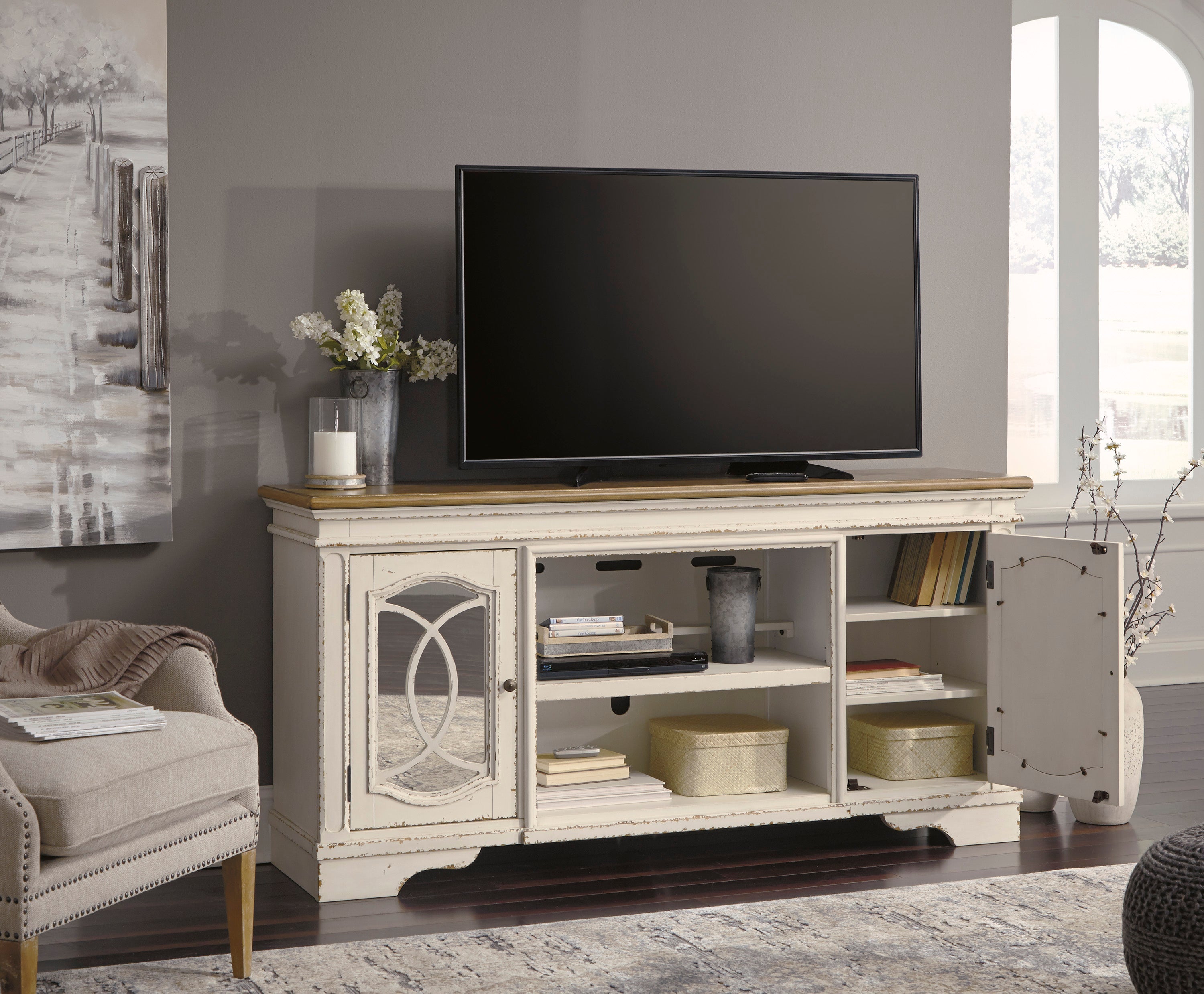 Realyn Chipped White XL 74" TV Stand w/Fireplace Option