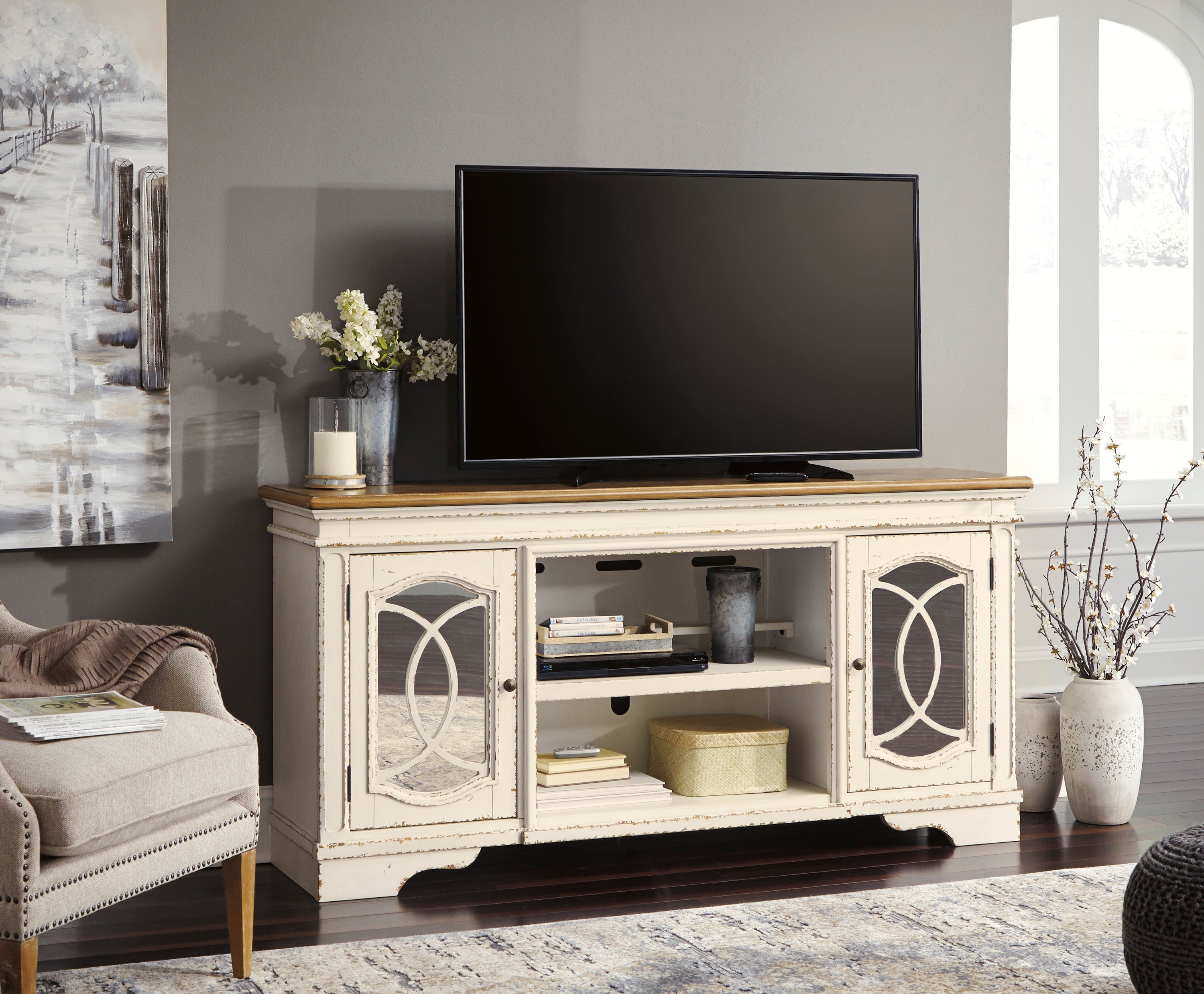 Realyn Chipped White XL 74" TV Stand w/Fireplace Option