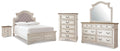Realyn /Chipped White Full Upholstered Panel Bed, Dresser, Mirror, Chest and Nightstand, T