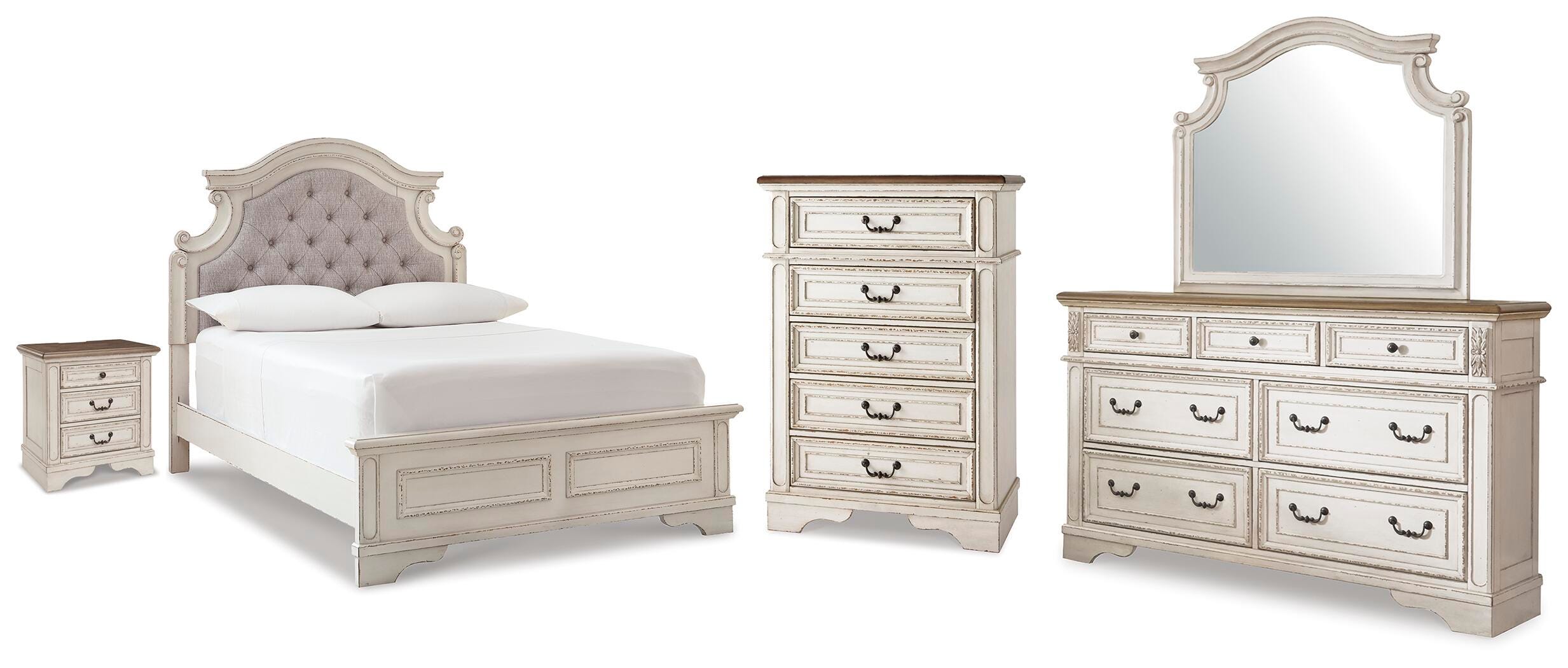 Realyn /Chipped White Full Upholstered Panel Bed, Dresser, Mirror, Chest and Nightstand, T