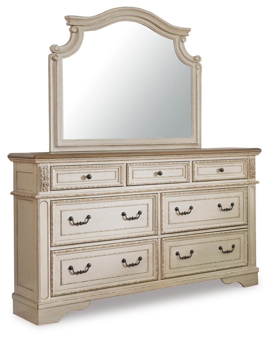 Realyn /Chipped White Full Upholstered Panel Bed, Dresser, Mirror, Chest and Nightstand, T