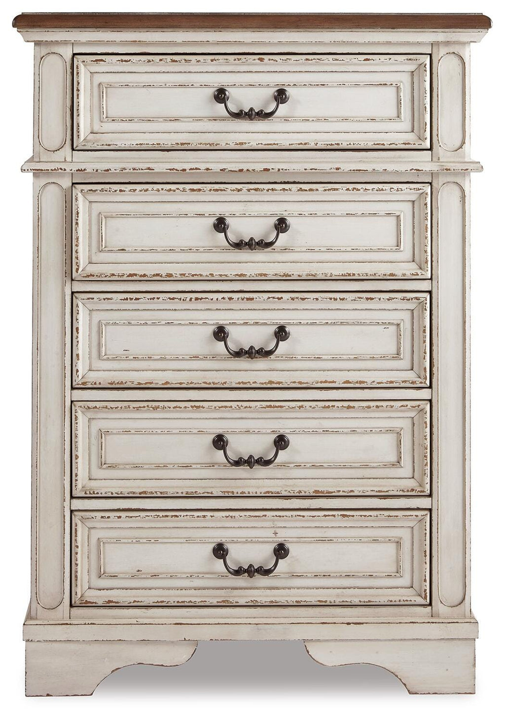 Realyn /Chipped White Full Upholstered Panel Bed, Dresser, Mirror, Chest and Nightstand, T