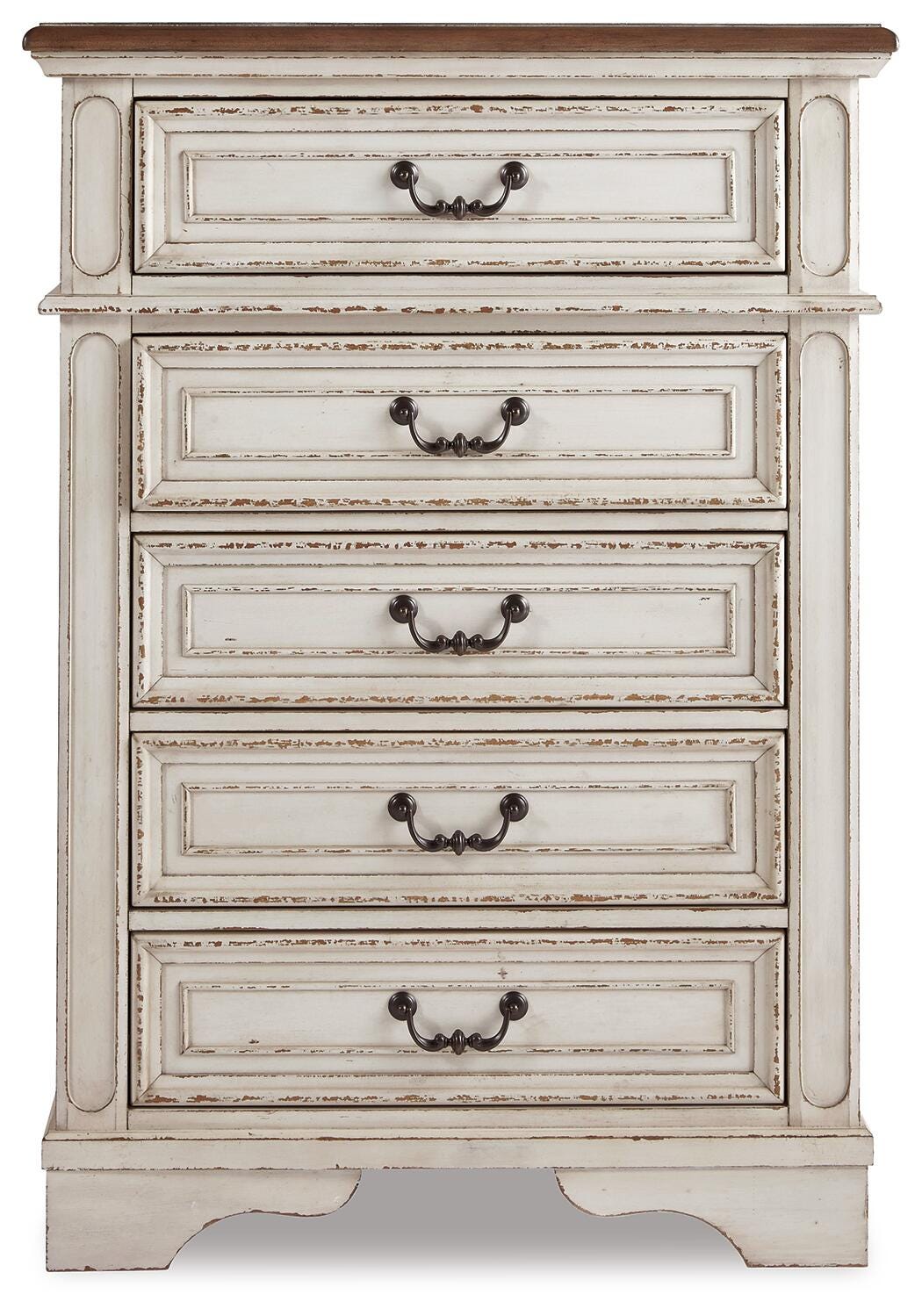 Realyn /Chipped White Full Upholstered Panel Bed, Dresser, Mirror, Chest and Nightstand, T