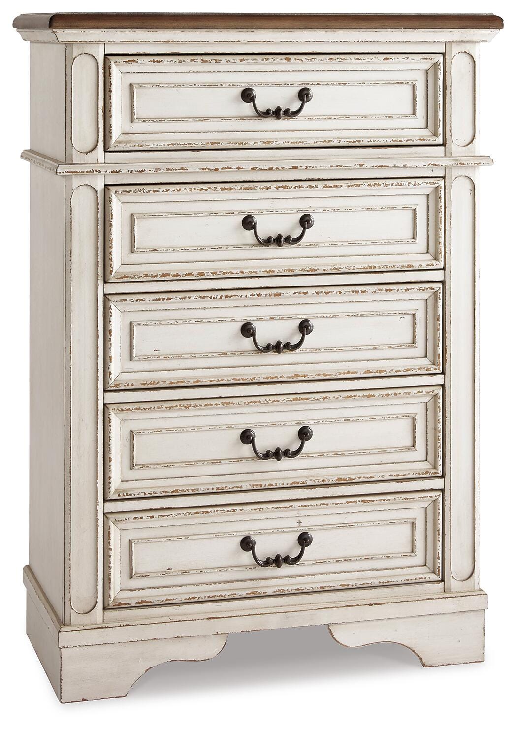 Realyn /Chipped White Full Upholstered Panel Bed, Dresser, Mirror, Chest and Nightstand, T