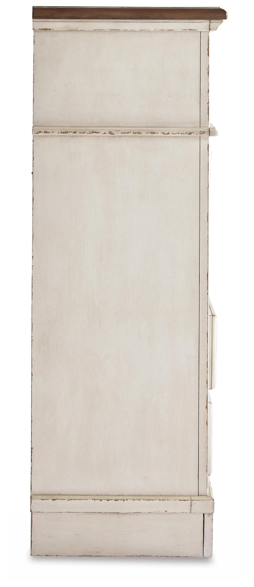 Realyn /Chipped White Full Upholstered Panel Bed, Dresser, Mirror, Chest and Nightstand, T