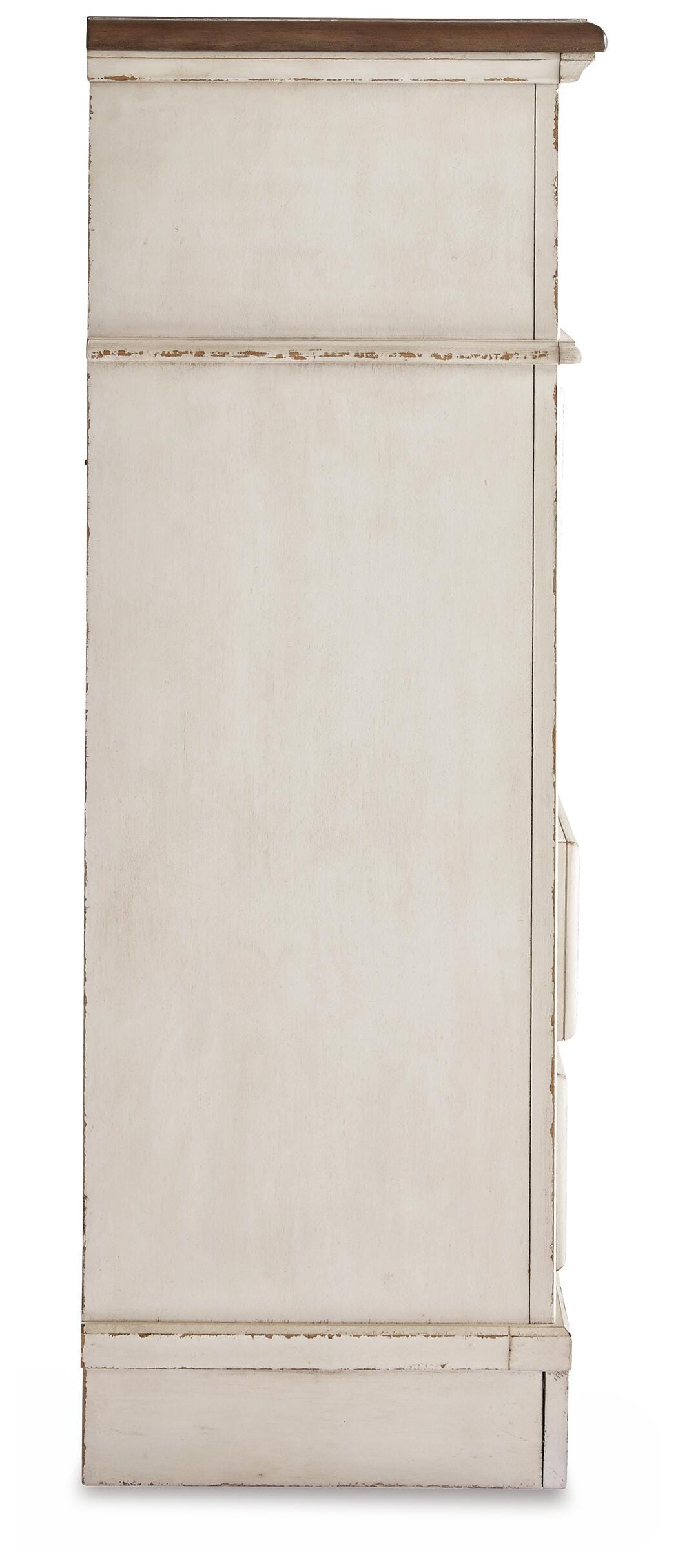 Realyn /Chipped White Full Upholstered Panel Bed, Dresser, Mirror, Chest and Nightstand, T