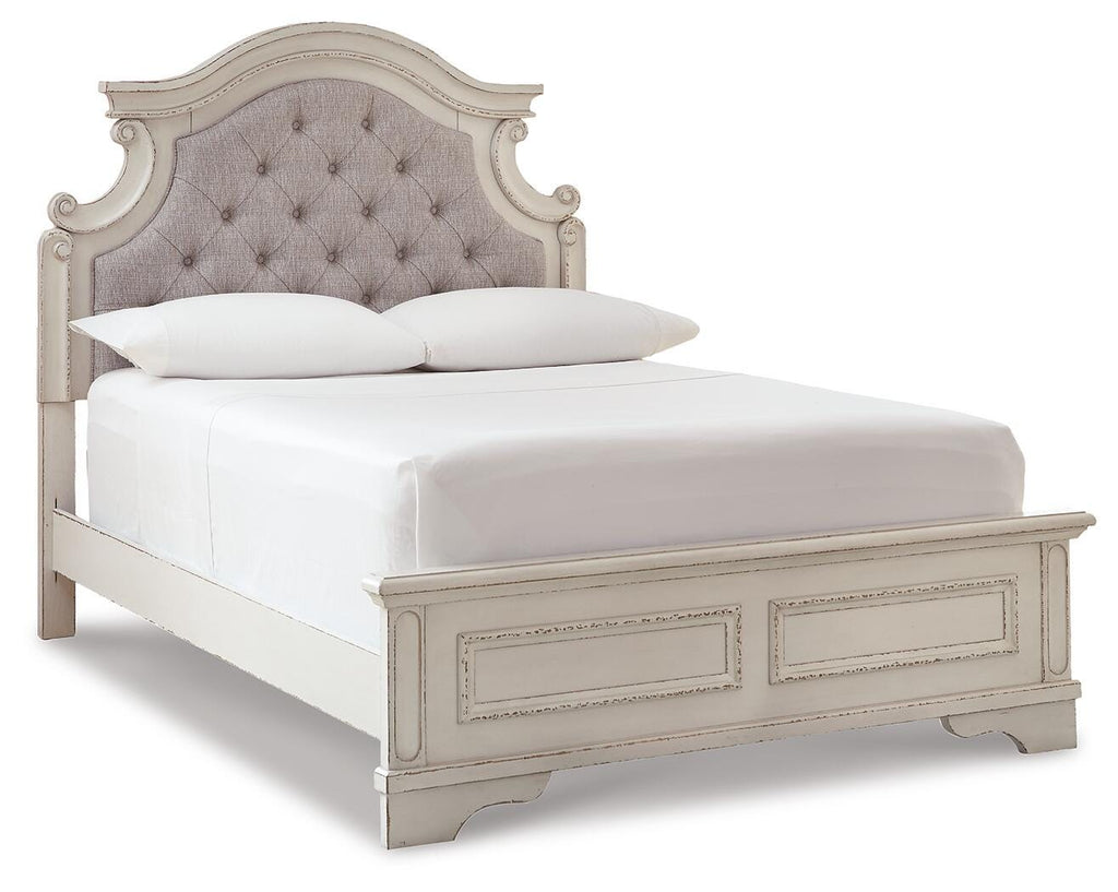 Realyn /Chipped White Full Upholstered Panel Bed, Dresser, Mirror, Chest and Nightstand, T
