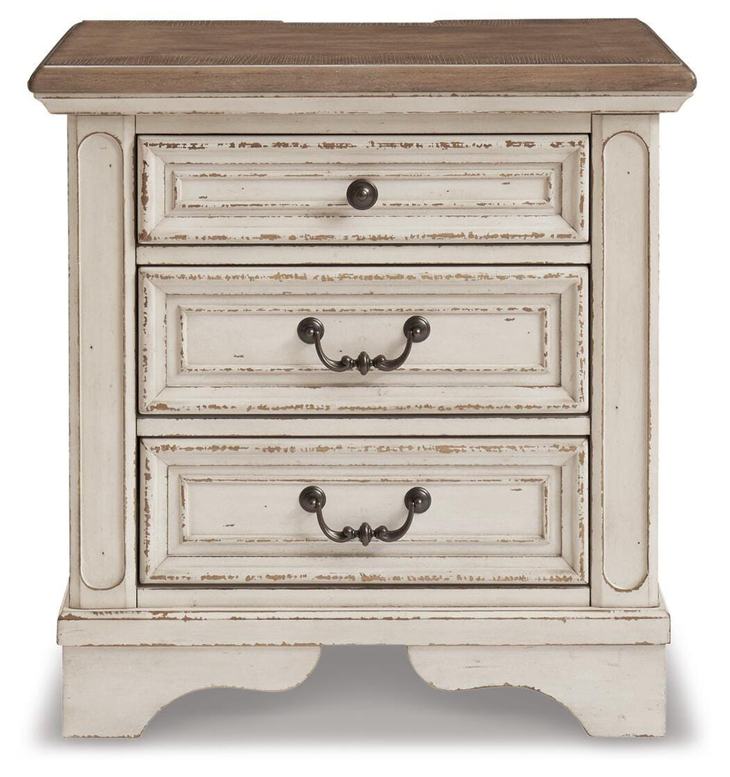 Realyn /Chipped White Full Upholstered Panel Bed, Dresser, Mirror, Chest and Nightstand, T
