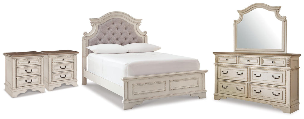 Realyn /Chipped White Full Upholstered Panel Bed, Dresser, Mirror and 2 Nightstands, Two-T