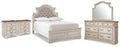 Realyn /Chipped White Full Upholstered Panel Bed, Dresser, Mirror and 2 Nightstands, Two-T