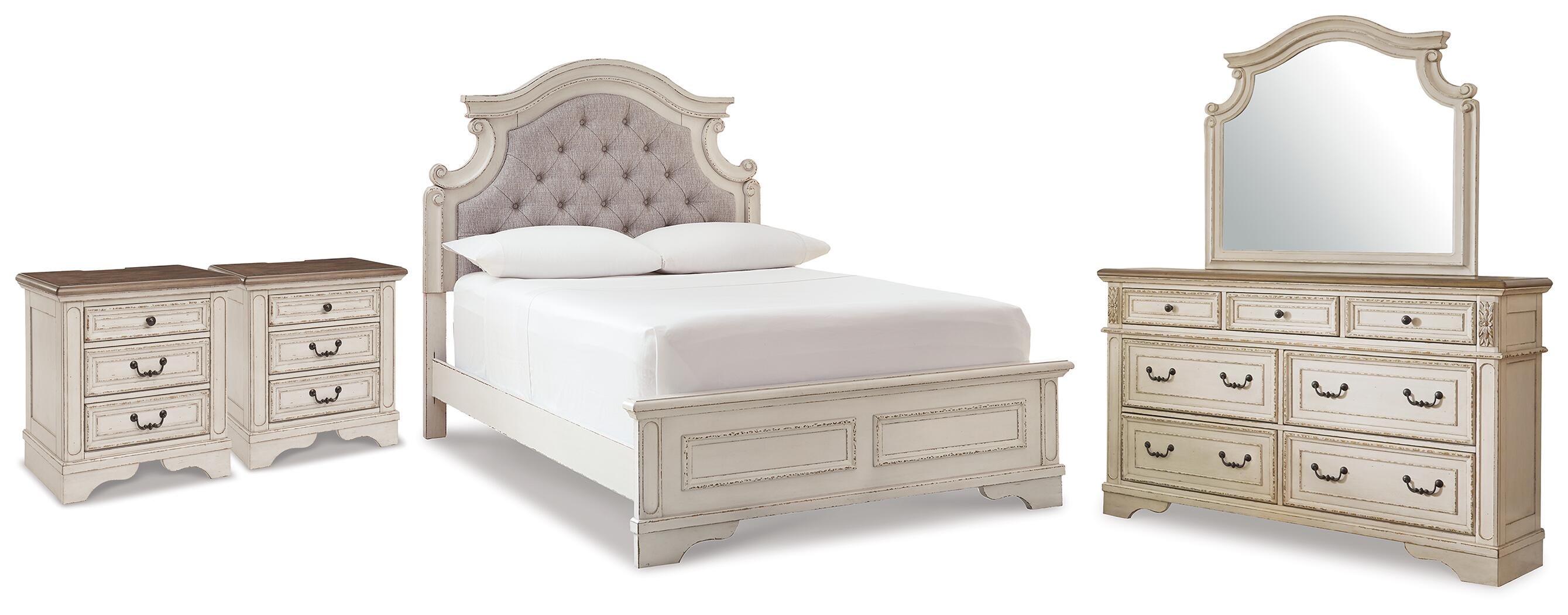 Realyn /Chipped White Full Upholstered Panel Bed, Dresser, Mirror and 2 Nightstands, Two-T