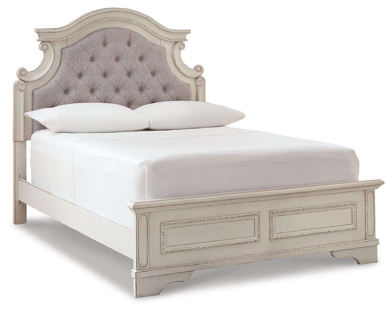 Realyn /Chipped White Full Upholstered Panel Bed, Dresser, Mirror and 2 Nightstands, Two-T