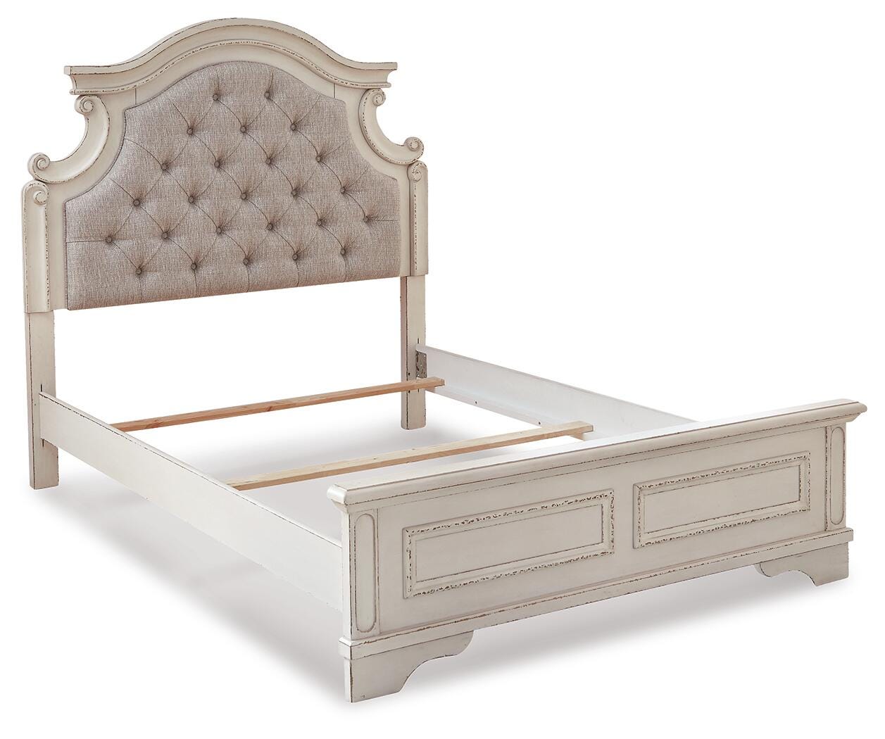 Realyn /Chipped White Full Upholstered Panel Bed, Dresser, Mirror and 2 Nightstands, Two-T