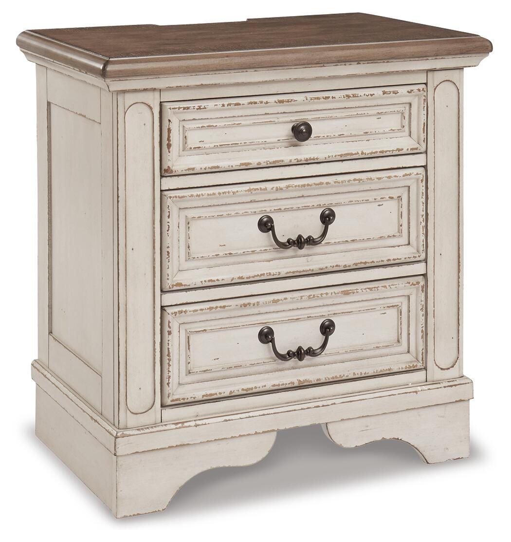Realyn /Chipped White Full Upholstered Panel Bed, Dresser, Mirror and 2 Nightstands, Two-T