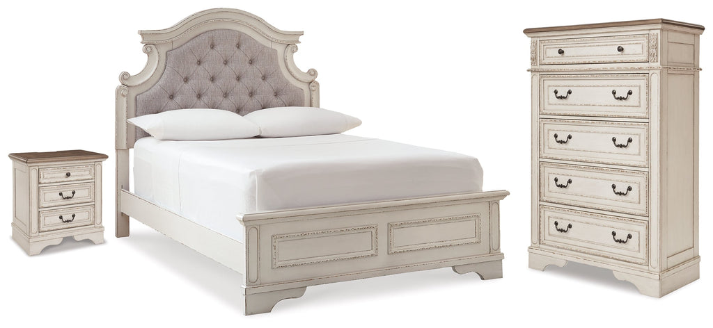 Realyn Two-tone Full Upholstered Panel Bed, Chest and Nightstand