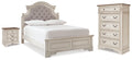 Realyn Two-tone Full Upholstered Panel Bed, Chest and Nightstand