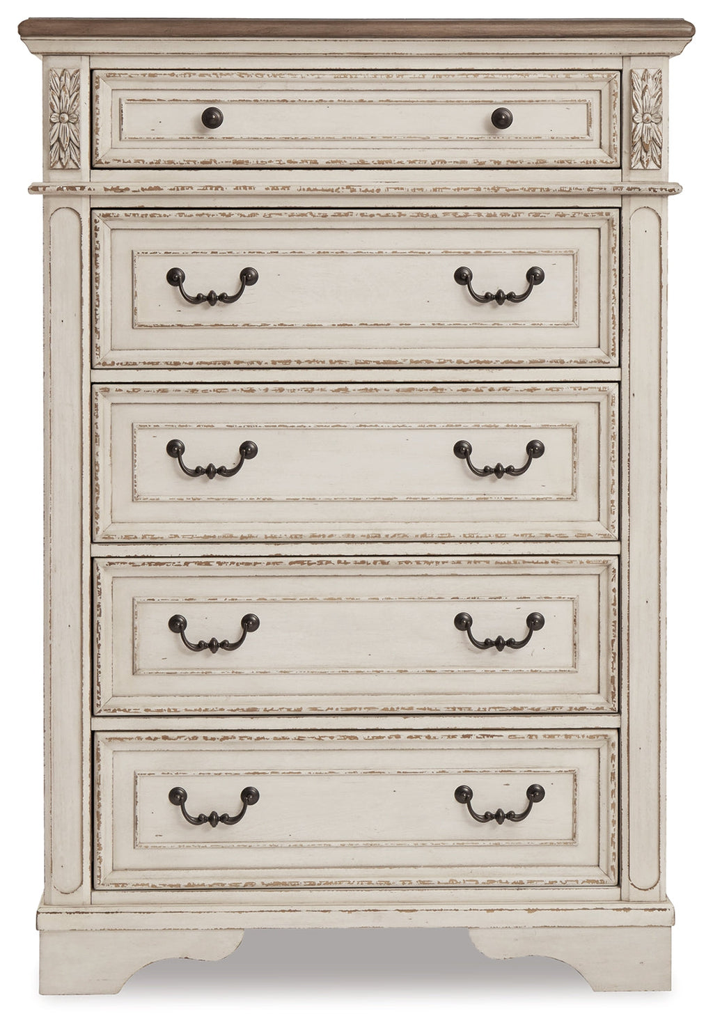 Realyn Two-tone Full Upholstered Panel Bed, Chest and Nightstand