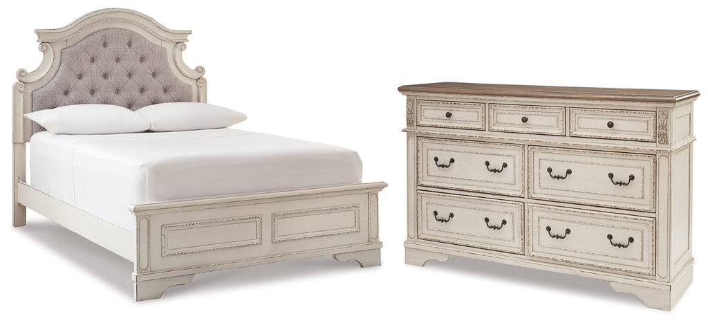 Realyn Two-tone Full Upholstered Panel Bed and Dresser