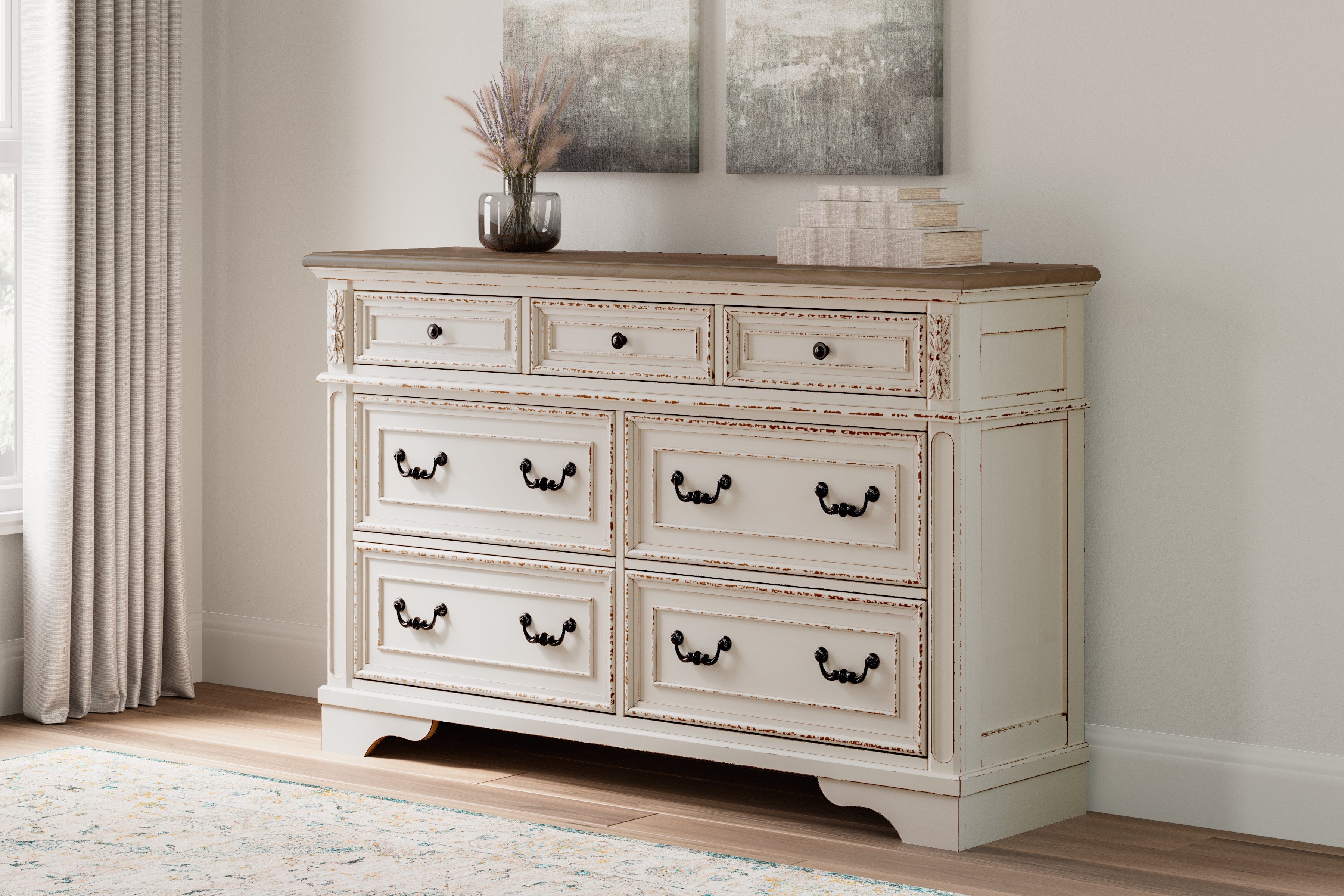 Realyn Two-tone Full Upholstered Panel Bed and Dresser