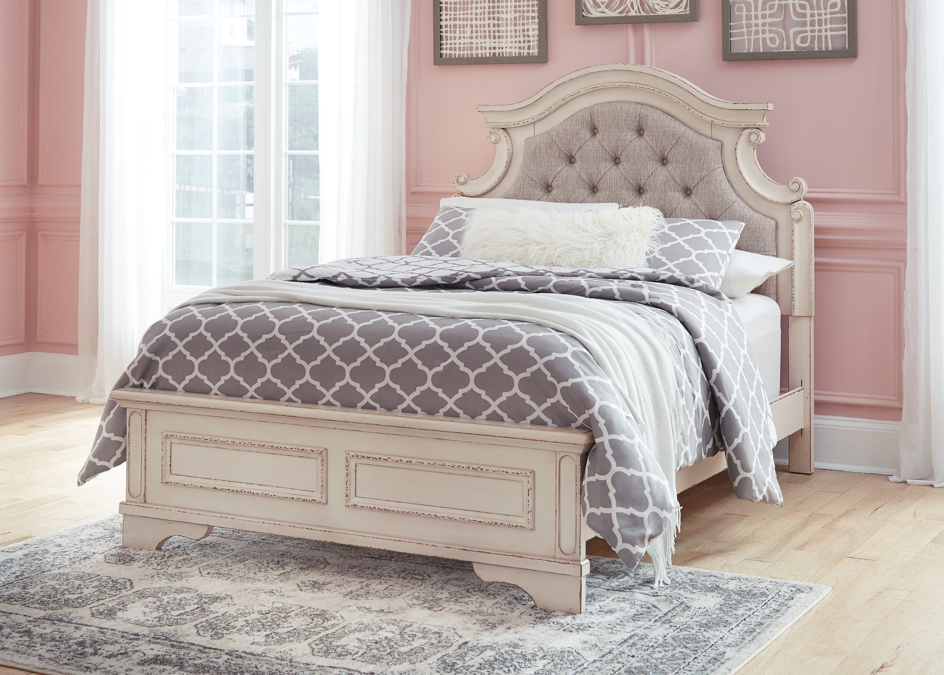 Realyn Two-tone Full Upholstered Panel Bed and Dresser