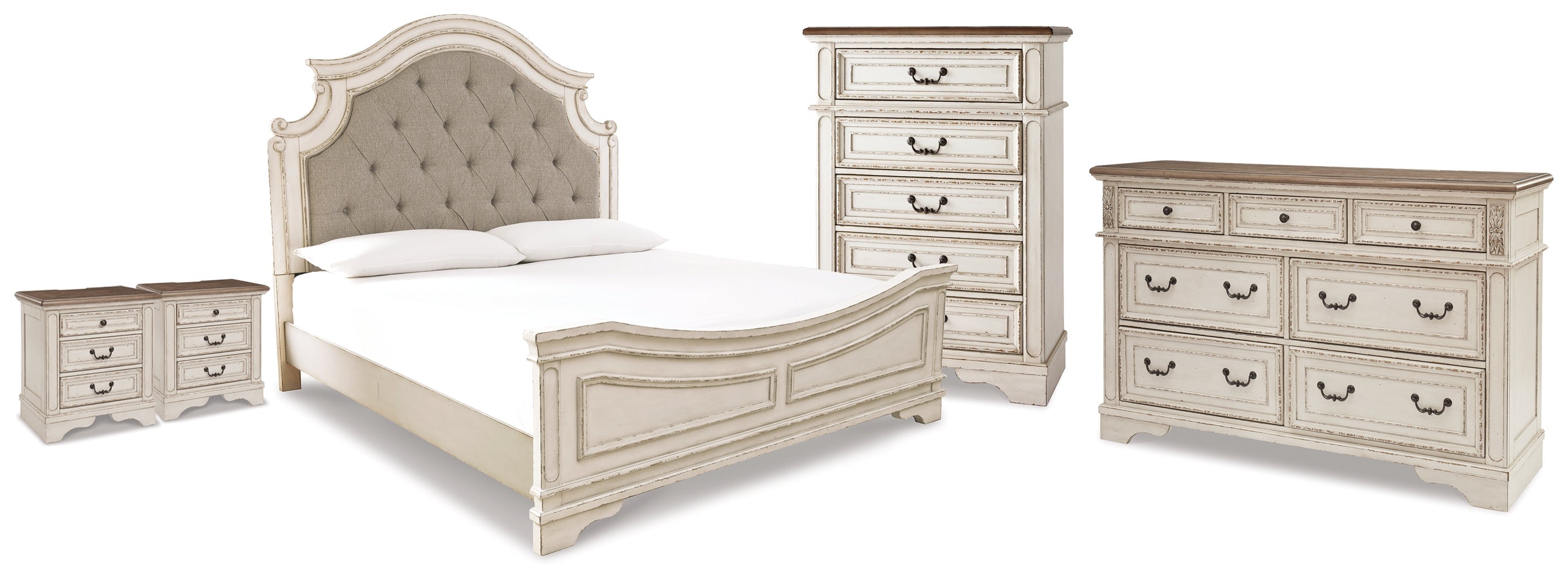 Realyn King Panel Bed, Dresser, Chest and 2 Nightstands, Two-Tone