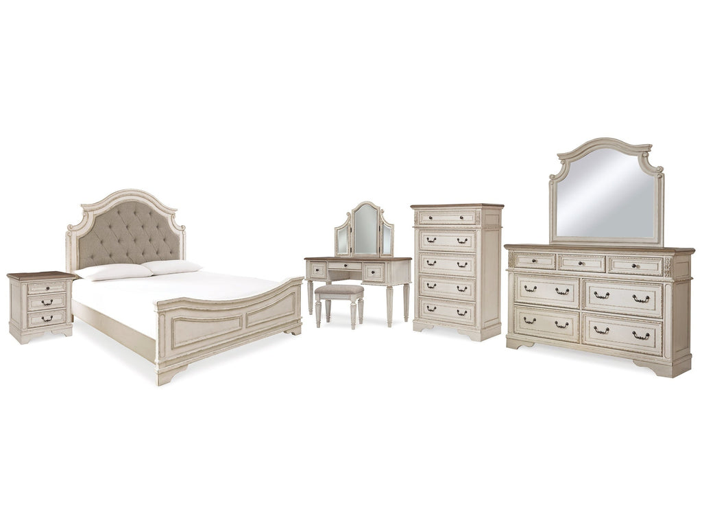 Realyn King Panel Bed & Dresser & Mirror & Chest & Vanity & Nightstand, Two-Tone