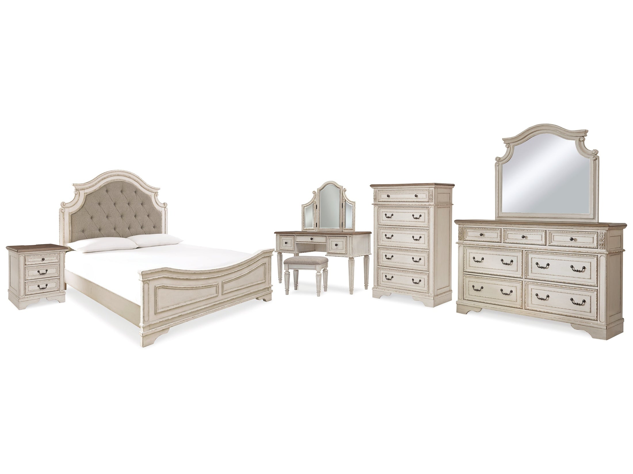 Realyn King Panel Bed & Dresser & Mirror & Chest & Vanity & Nightstand, Two-Tone