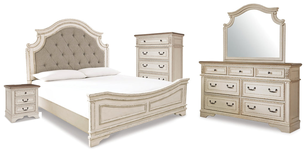 Realyn King Panel Bed, Dresser, Mirror, Chest and Nightstand, Two-Tone