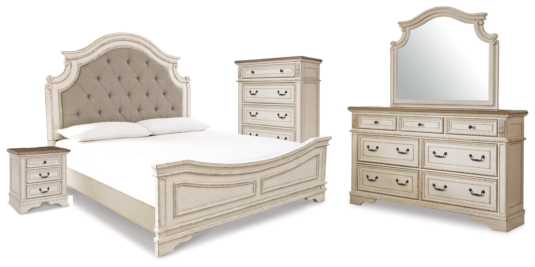 Realyn King Panel Bed, Dresser, Mirror, Chest and Nightstand, Two-Tone