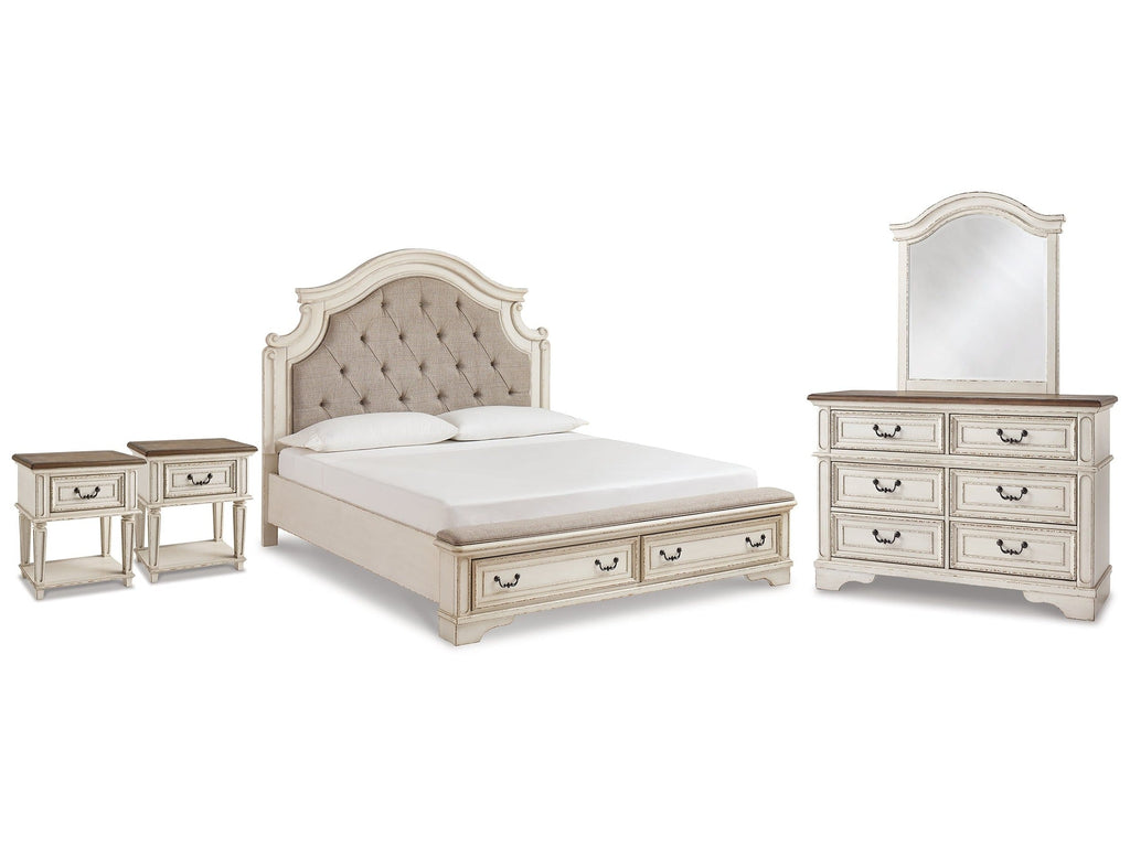 Realyn King Panel Storage Bed & Dresser & Mirror & 2 Nightstands, Two-Tone