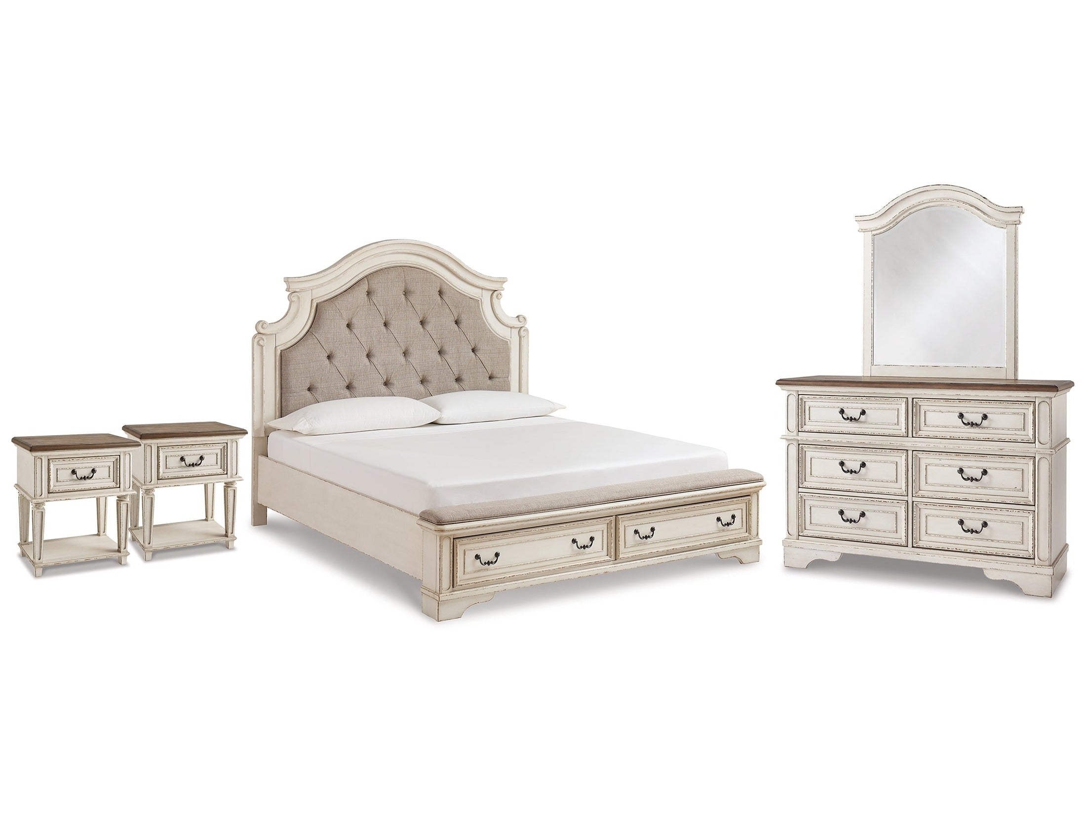 Realyn King Panel Storage Bed & Dresser & Mirror & 2 Nightstands, Two-Tone