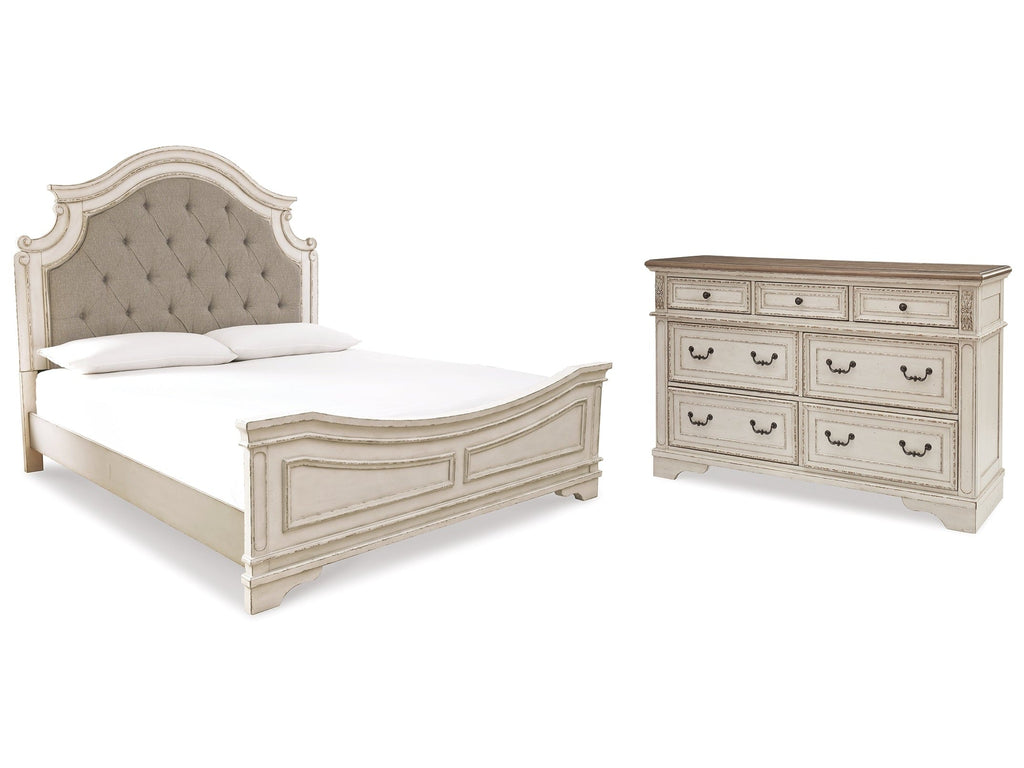 Realyn Two-tone King Upholstered Panel Bedroom Set with Dresser