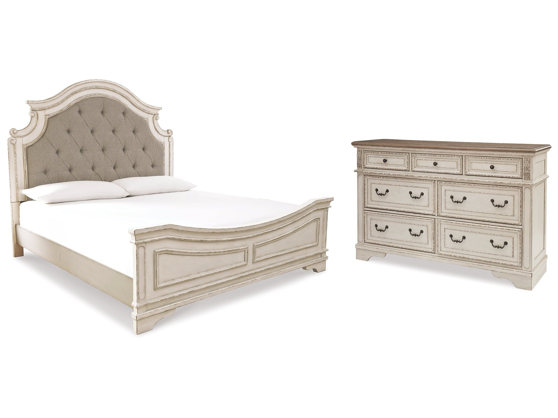Realyn Two-tone King Upholstered Panel Bedroom Set with Dresser