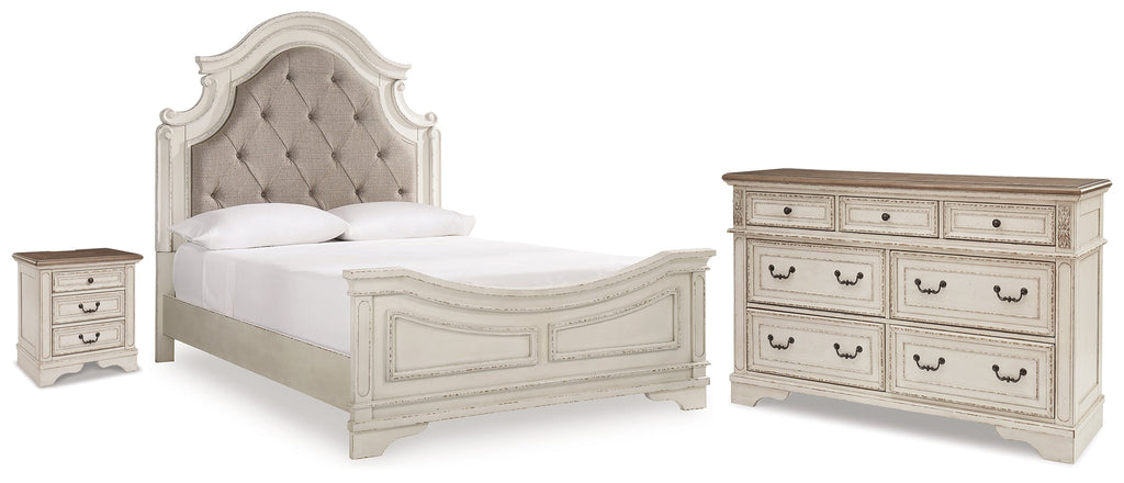 Realyn Two-tone Queen Upholstered Panel Bed, Dresser and Nightstand