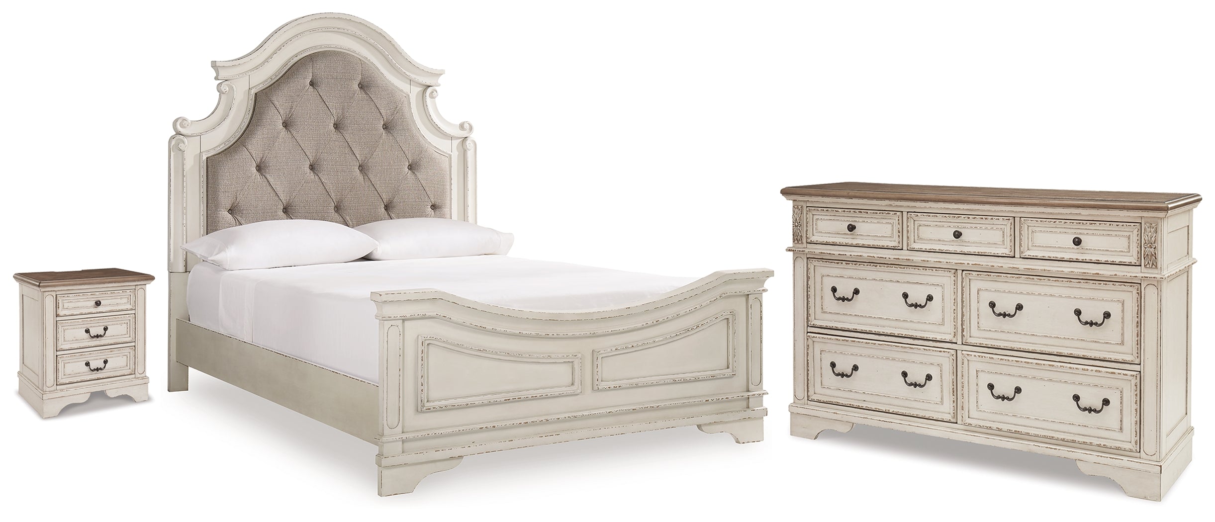 Realyn Two-tone Queen Upholstered Panel Bed, Dresser and Nightstand