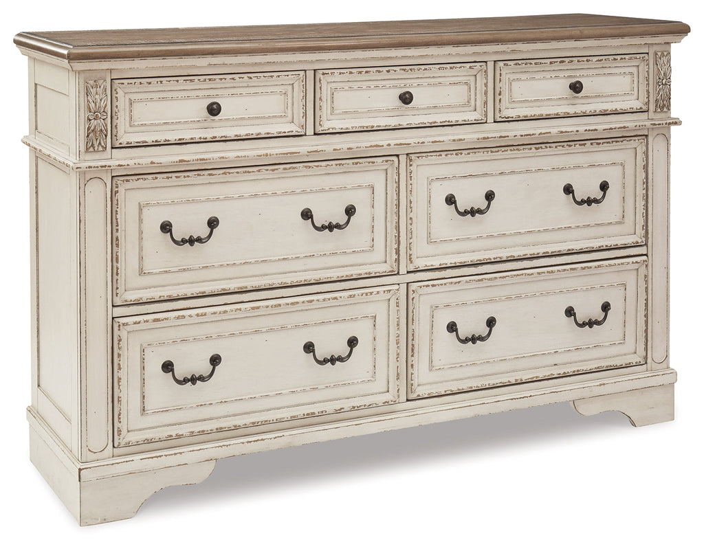 Realyn Two-tone Queen Upholstered Panel Bed, Dresser and Nightstand