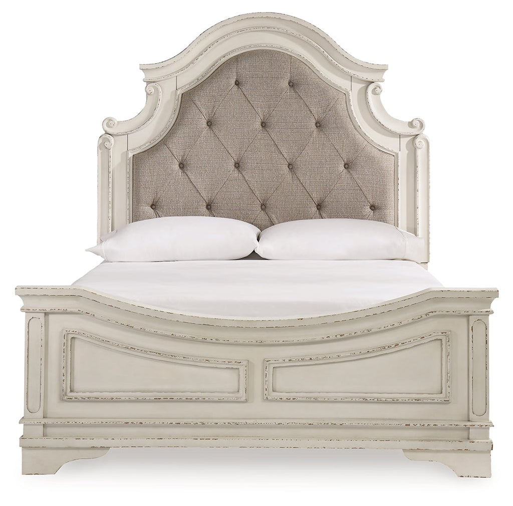 Realyn Two-tone Queen Upholstered Panel Bed, Dresser and Nightstand