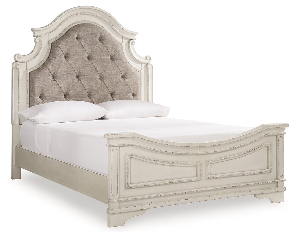Realyn Two-tone Queen Upholstered Panel Bed, Dresser and Nightstand