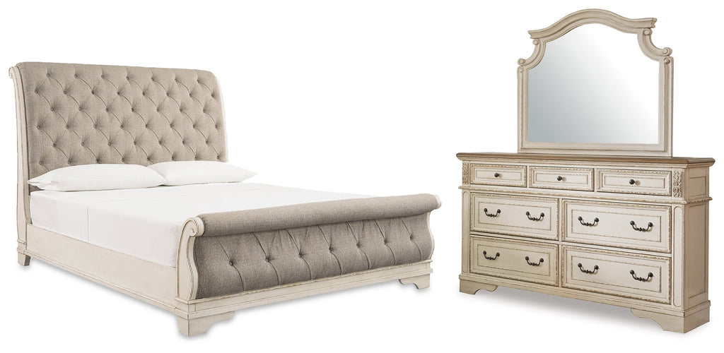 Realyn Two-tone Queen Upholstered Sleigh Bed, Dresser and Mirror