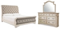 Realyn Two-tone Queen Upholstered Sleigh Bed, Dresser and Mirror