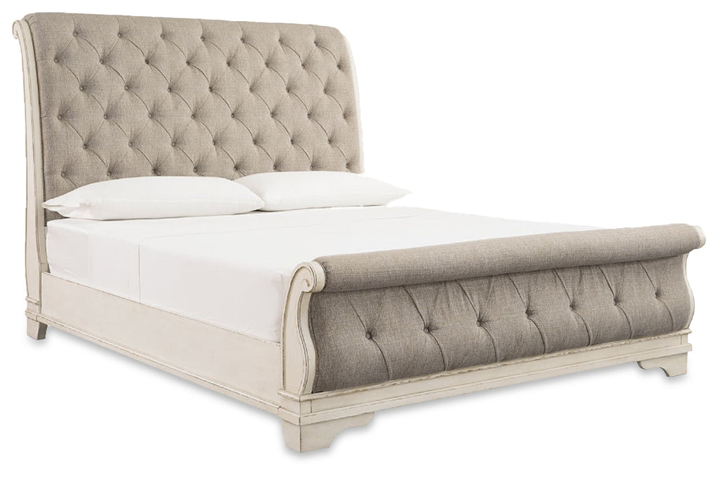 Realyn Two-tone Queen Upholstered Sleigh Bed, Dresser and Mirror