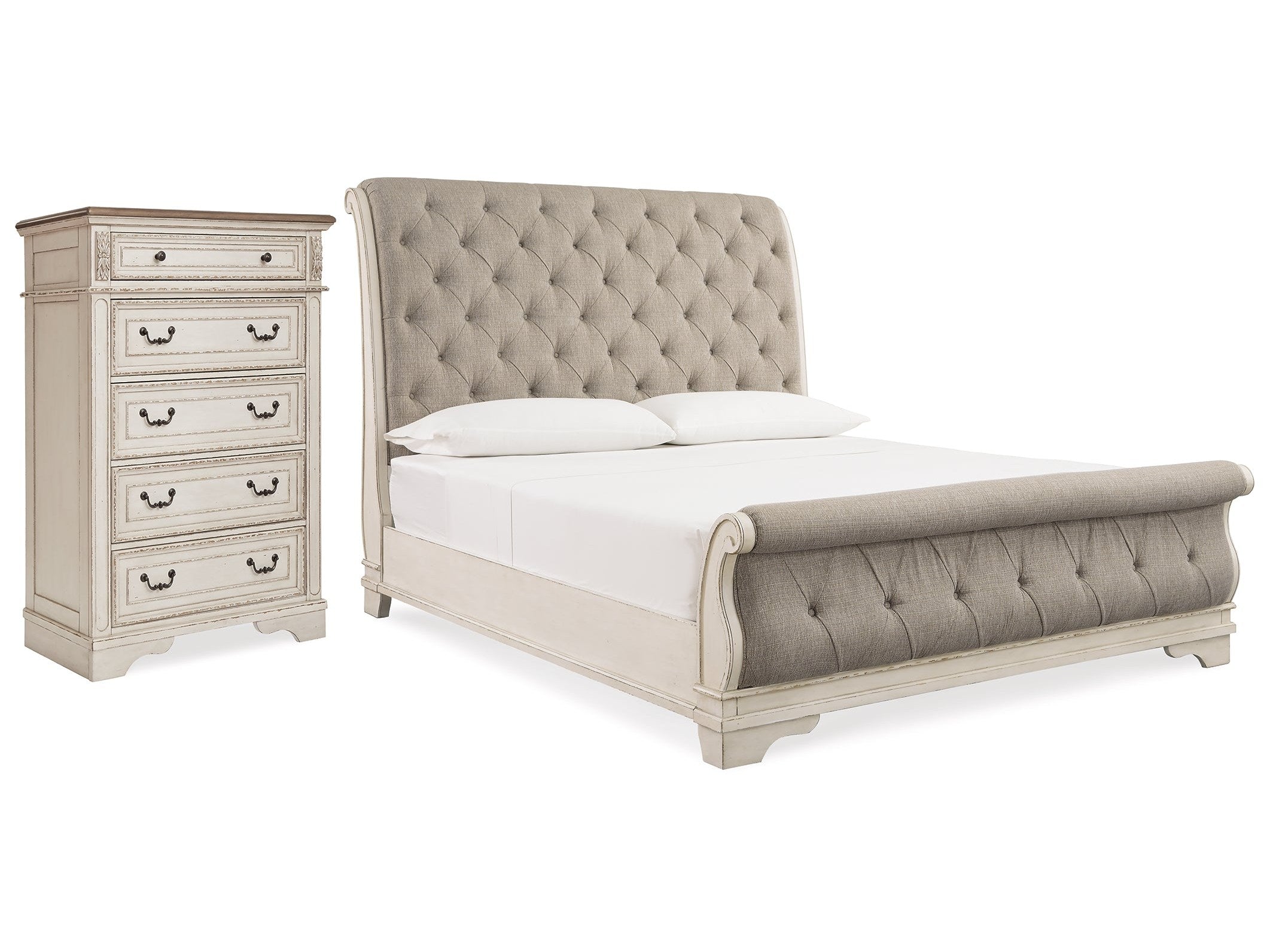 Realyn Two-tone Queen Upholstered Sleigh Bedroom Set with Chest